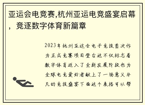 亚运会电竞赛,杭州亚运电竞盛宴启幕，竞逐数字体育新篇章